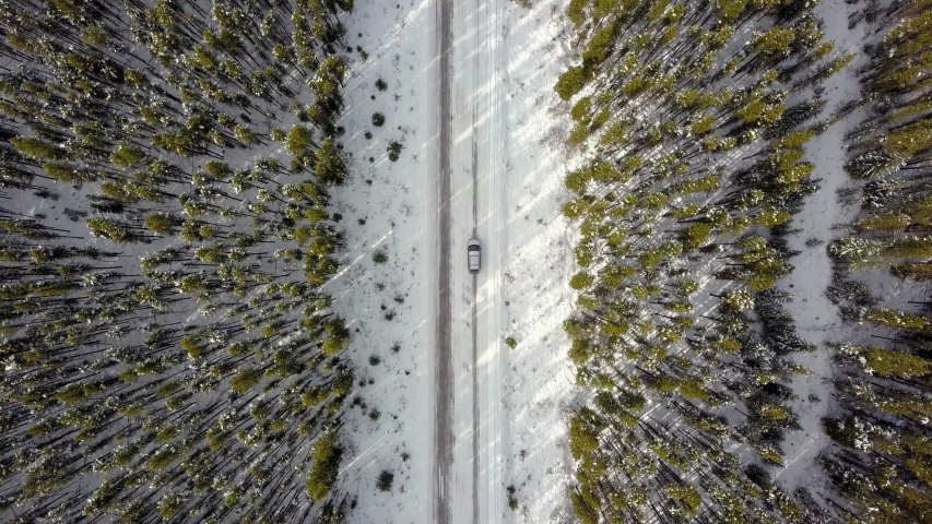 Car from above starts to advance in the middle of a snow-covered road, Jasper National Park, Alberta Canada, Drone bird