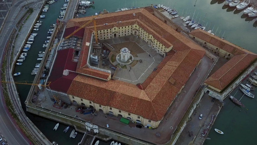 AERIAL: Mole Vanvitelliana view, a pentagonal 18th century building. Ancona, Marche Region, Italy. 