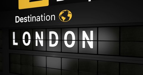 3D generated animation, analog flight information display board with the arrival city of London, 4 different animations