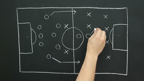 Coach using Chalkboard for Soccer / Football match tactics. The gameplan is written on a blackboard with chalk. Sport diagram.