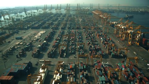 Aerial view of big cargo port in Dubai, United Arab Emirates