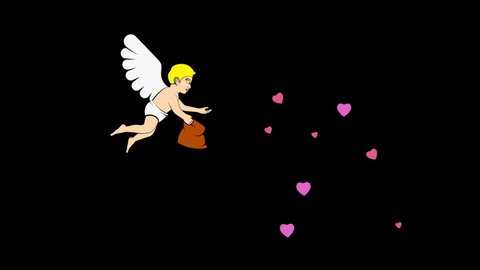 motion graphics of Cupid fly and spread hearts with black silhouette on black screen