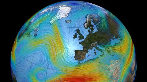 Graphic representation of winds on the surface of the planet Earth. The Polar jet stream in the north hemisphere and Europe.Elements of this image furnished by NASA