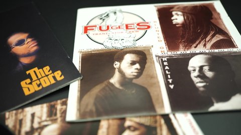 Rome, 02 January 2020: covers and CDs of the American hip hop group FUGEES. The Score became one of the biggest hits of 1996 and one of the best-selling hip-hop albums of all time