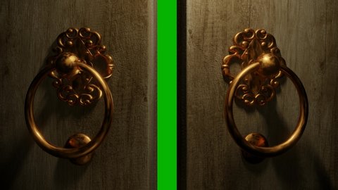 Filmic 3D green screen transition - A ring brass door knocker knocks 3 times. The doors open and reveal the green screen.
