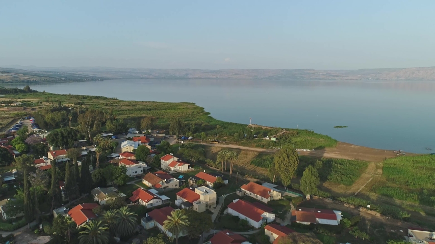 Aerial footage of the Sea Of Galilee in Israel