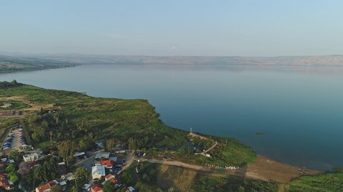 Aerial footage of the Sea Of Galilee in Israel