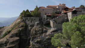 Monastery of Great Meteoron building and log stairways 4K video