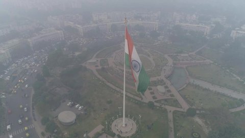 Connaught Place_Delhi_India_Jul_17_2018:Drone Shots of Indian Flag waving in connaught place, Delhi, India