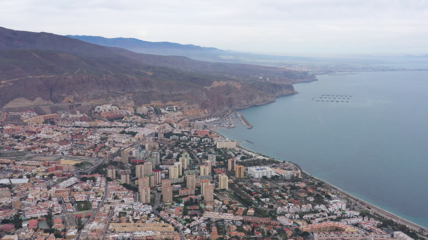 Global aerial view of Roquetas de Mar Spain Almeria seaside town mediterranean sea