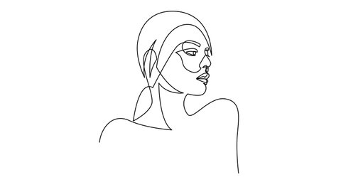 Self drawing simple animation of single continuous one line drawing of female face. Beauty girl or woman portrait, side view. Drawing by hand, black lines on a white background.