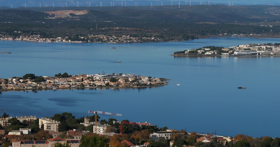Sète, Hérault department,Occitanie, France. The etang de Thau. On the left side is the Pointe du Barou. On the right side is the town named Balaruc-les-Bains  
