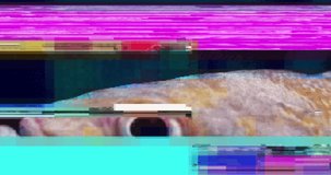 Glitch effect noise in a footage with fish underwater. Naturalistic clip with noise and errors. Global warming concept for ocean increasing temperature. Damaged footage with noise and glitch. Fishes