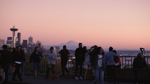 Seattle WA 2018 Tourist Crowd Watch Sunset at Kerry Park Popular Travel Destination