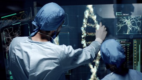 Professional Doctors Analyzing DNA Structure, genes and genetic disorders, science. DNA Strand molecule close up animation with infographics on futuristic transparent screen.