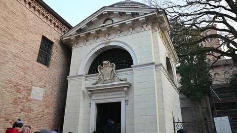 Ravenna, Italy,December 2019.Footage on Dante's tomb. Neoclassical sepulcher of the poet Dante Alighieri erected at the basilica of San Francesco in the center of Ravenna. Obligatory stop for tourists