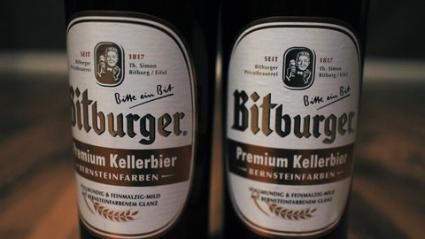 Heidelberg, Germany - January 10 2020: Two bottles of one beer of one of the largest german brewerys "Bitburger" called "premium kellerbier" which means premium cellar beer.