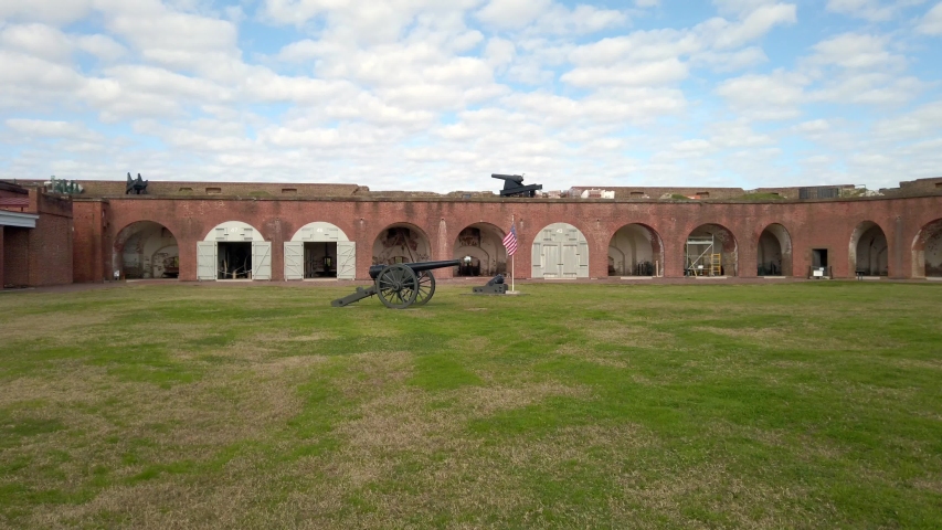 Parade Ground for Civil War Era Fort Pulaski Savannah Georgia including Cannons and the American Flag Flying