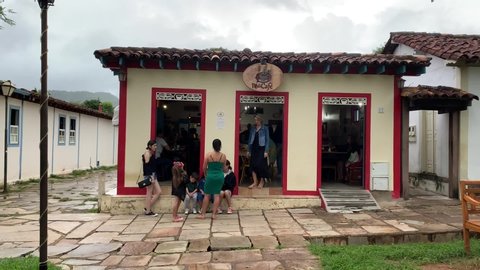 Pirenopolis, Goias, Brazil, January 10, 2019: Cafeteria Pé di Café, video of a very charming colonial building with natural stone sidewalks in the historical and tourist center of the famous city.