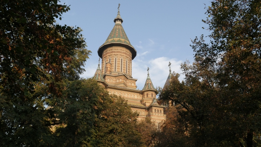 Detailed Orthodox Metropolitan Cathedral bell tower in Timisoara Romania 4K  video