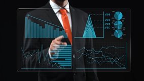 Sales Infographics Screen. Businessman uses holographic interface, drawing an ascending financial chart. Touchscreen. - Powered by Shutterstock - Get 15% off with code: PIKWIZARD15