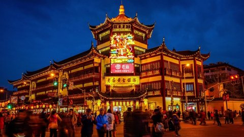 Shanghai, China - February 14, 2018: The famous Yu Garden in Shanghai, China, a traditional shopping area with historic building. Chinese New year celebration