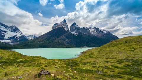 Time lapse view of iconic Cuernos del Paine mountains in Torres del Paine National Park, Chile, Patagonia, South America. 