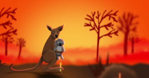 The kangaroo is carrying a cute small koala while jumping for escape bushfires, 2d animation looping concepts for pray for Australia.