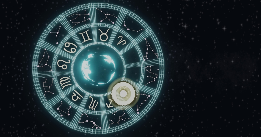 Zodiac roulette with symbols of the planets in astrology. Glittering stars background. Blue color, a Signs & Symbol Video by AzrC