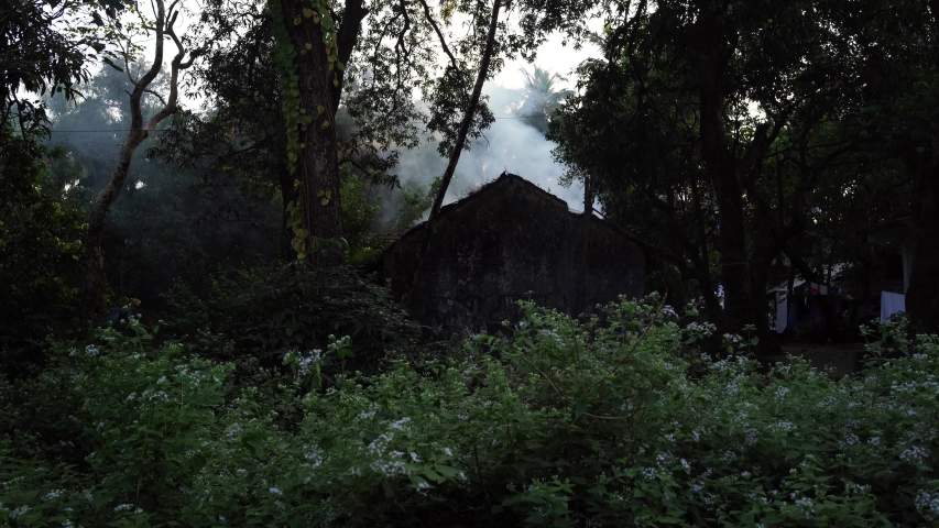 A house burns in the forest, fire. A cottage is burning in the countryside