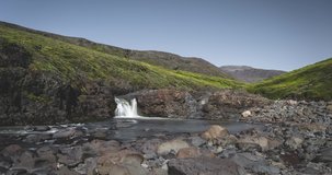 4k Timelapse Video clip of Panoramic view of beautiful waterfall on the Disco island near qeqertarsuaq and Ilulissat, western Greenland