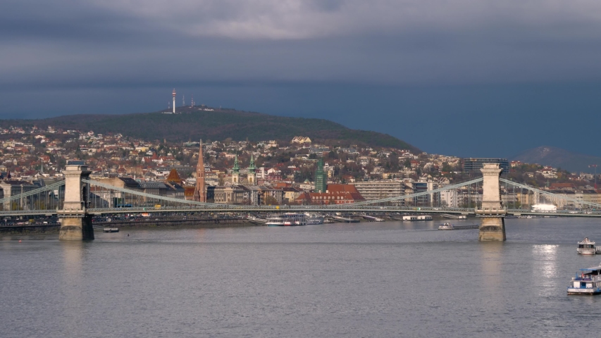Morning View Of Szechenyi Bridge. Famous Chain Bridge Of Budapest. Danube River. Budapest, Hungary.