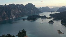 Drone video on Lake Cheow Lan Lake, breathtaking views of the mountains of wildlife and the blue lake, Thailand, Phuket protected places, rainforests, a trip to Thailand with a drone.
