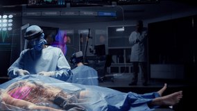 Team of Medical Surgeons use Augmented Holographic Technology to examine Patient. Doctors wear Holo Lens to view Organs, Bones and Full Anatomy of the Body of a Male Patient. Shot on RED Epic W. - Powered by Shutterstock - Get 15% off with code: PIKWIZARD15