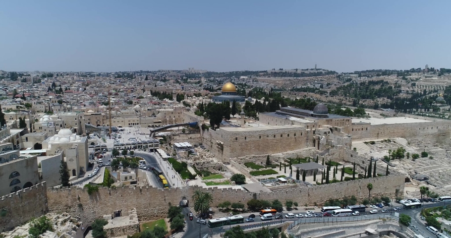 Aerial view of old city jerusalem and golden dome Royalty-Free Stock Footage #1044414544