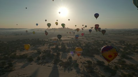 Winter at Tantora Festival, January 3, 2020. Hot Air Balloons fly over Mada'in Saleh (Hegra) ancient archeological site near Al Ula, Saudi Arabia