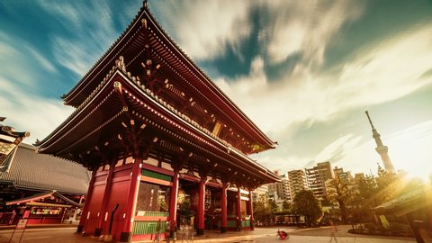 Hope concept-8K sunrise timelapse of Asakusa temple from night to day, Tokyo, Japan