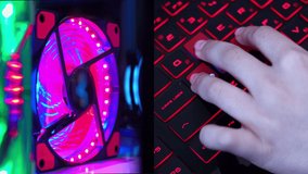 Winner team, competitive. Professional esport gamers compete. Gamer playing a video game with keyboard. Rivalry of a group of experienced players. World Championship Cyber gaming. RGB neon light. 