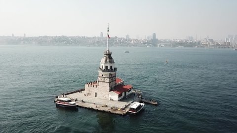 Istanbul Maiden Tower. Sky, Bosphorus Sea off the Maidens Towers shore. Kiz Kulesi Drone footage video.