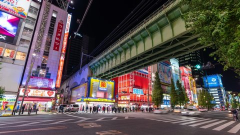 Akihabara, Japan- November 6, 2019: 4K time lapse video of Chiyoda district Akihabara Tokyo The historic electronics district has evolved into a shopping area for household goods.