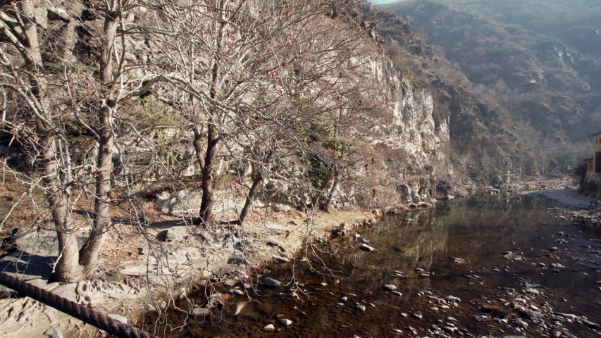 Sunny Day View Over Rocky River With Flowing Water Panorama Wide Mountain Forest 
