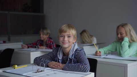 Exemplary student smiling and looking at camera while sitting at desk near studying classmates during lesson in school