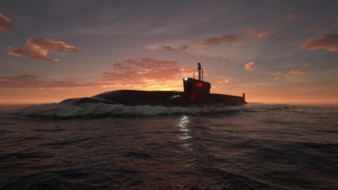 Submarine floating in ocean at sunset
