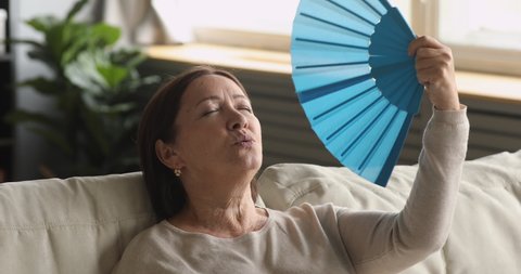 Tired old woman hold wave fan feel hot uncomfortable sit on sofa at home, overheated exhausted elder senior grandma sweating suffer from climax hormone problem summer heat no air conditioner concept