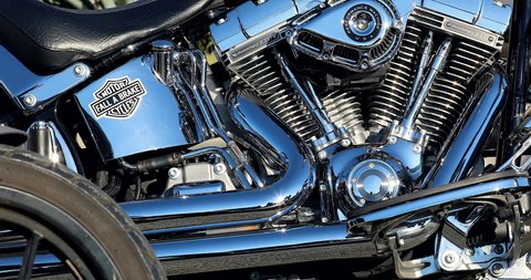 Menton, France - January 12, 2020: Harley Davidson Engine Close Up, Twin Cam Screamin Eagle 110 Engine, Motorcycle Parked In The Street, France, French Riviera, Europe - DCi 4K Resolution