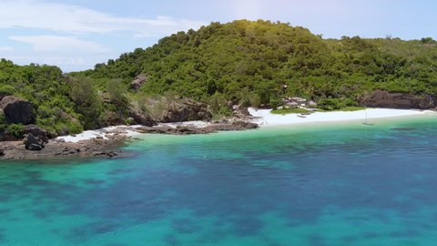 Aerial shots of Gorgeous tropical Tsarabanjina island in Madagascar near Nosy Be, East African Tourism.