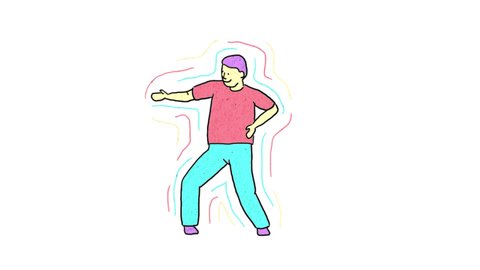 Positive happy man dances fun as a winner. Pop art multicolored bright animation with alpha channel.