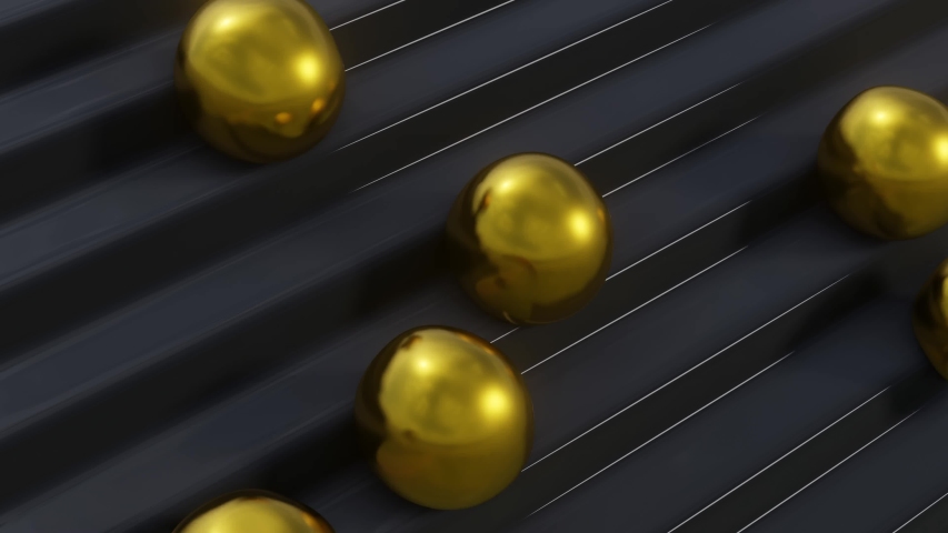 Soft golden spheres rolling down the stairs, abstract background in gold and black, 4k