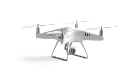 Blank white drone with camera mock up, looped rotation, 3d rendering. Clear aero drone for pro shooting 