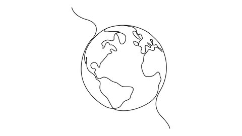 Self drawing simple animation of single continuous one line drawing of earth globe. Drawing by hand, black lines on a white background.